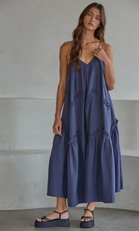 Woven Cotton V-Neck Ruffle Trim Detailed Maxi Dress