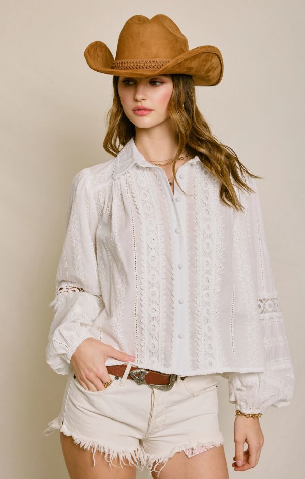 Eyelet Bubble Sleeve Blouse