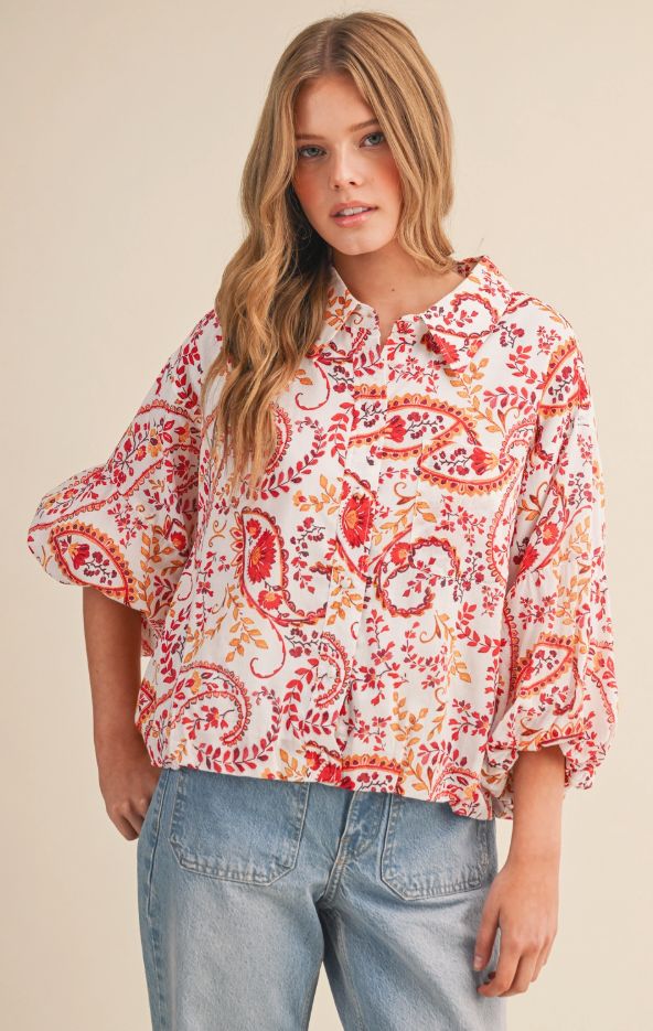 Paisley Print Button Down Bubble Sleeve Top