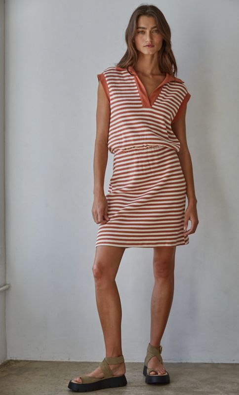 Knit Cotton Spandex Striped Ribbed V-Neck Polo Mini