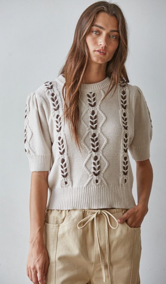 Knit Sweater Contrast Stitch Quarter Sleeve Pullover