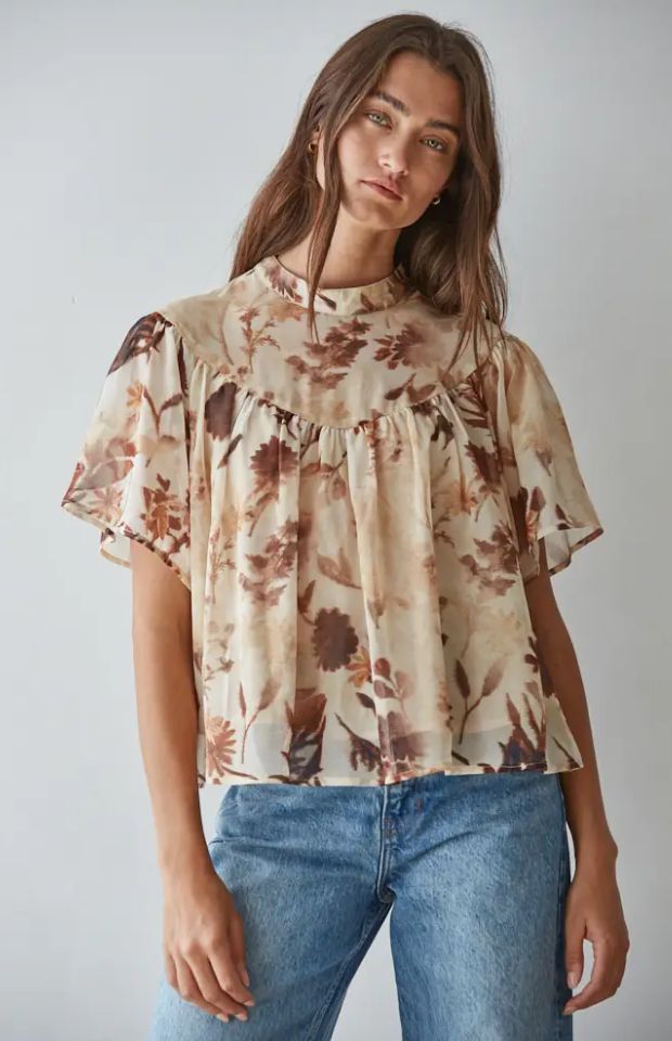 Woven Polyester Chiffon Floral Print Mock Blouse