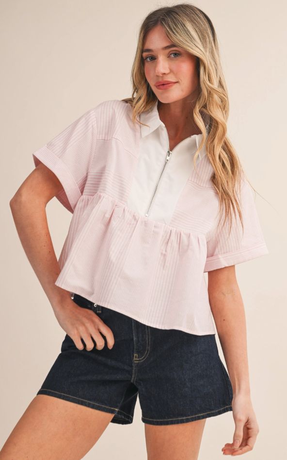 Striped Half Zip Babydoll Top