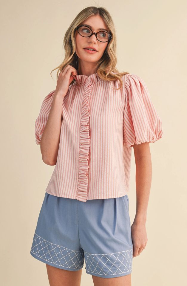 Striped Ruffled Button Down Top - Pink