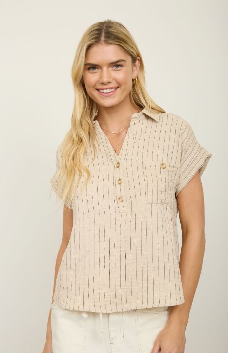 Stripe Collared Short Cuff Sleeve Half Button Top