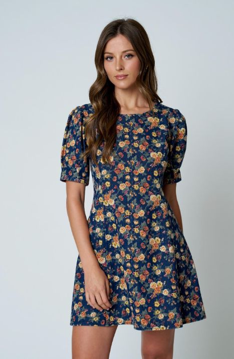 Floral Puff Sleeve Seam Detail Denim Mini Dress