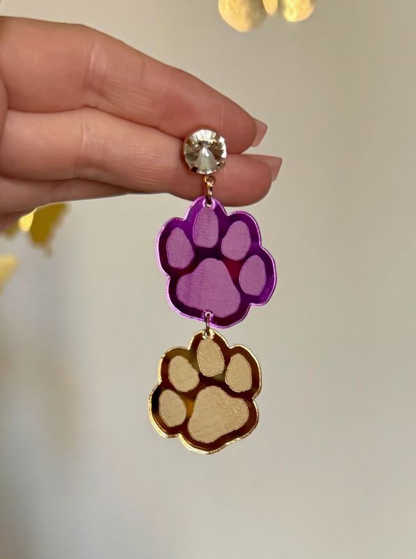 Purple &amp; Gold LSU Football Sports Paw Gameday Earrings