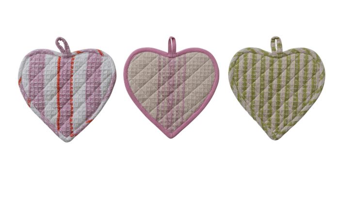 Cotton Quilted Waffle Weave Heart Shaped Potholder with Stripes