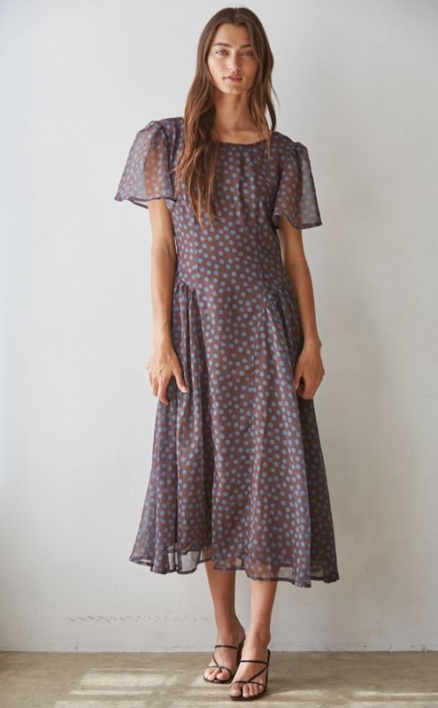 Woven Polyester Chiffon Polka Dot Short Sleeve Midi