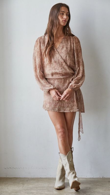 Woven Polyester Paisley Print Wrap Mini Dress