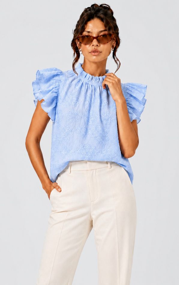 Ruffled Sleeve/Neck Floral Pattern Top