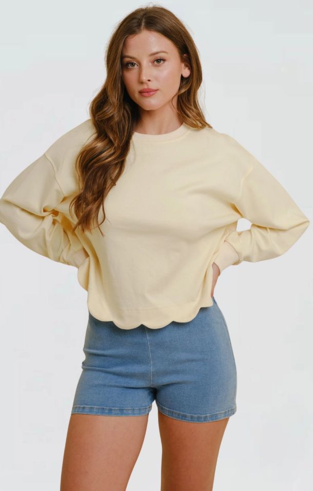 Scalloped Trim Long Sleeve Top