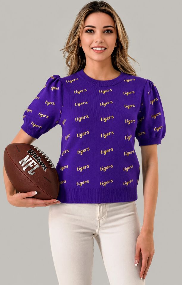 Slant Script Game Day Sweater Top/Tigers Purple