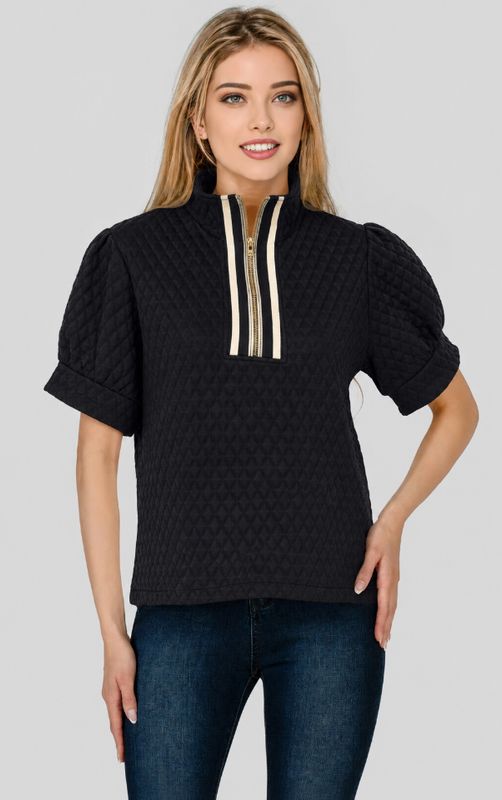 Mandy Black Short Sleeve Quilted Zip Top Stipe Trim