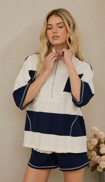 Wide Stripe Half Zip Short Sleeve Knit Top w/ Shorts