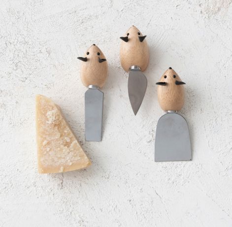 Stainless Steel Cheese Knives w/ Mouse Shaped Handles &amp; Faux Leather Ears, Boxed Set of 3