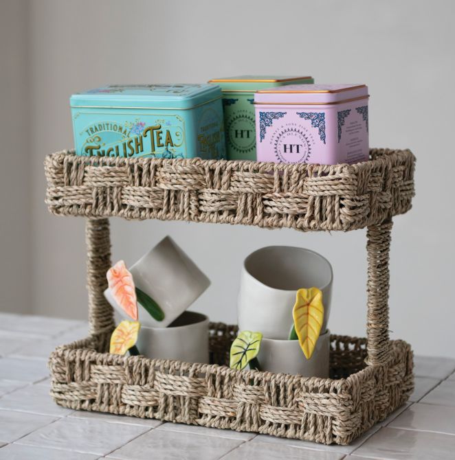 Decorative Hand-Woven Seagrass 2-Tier Etagere