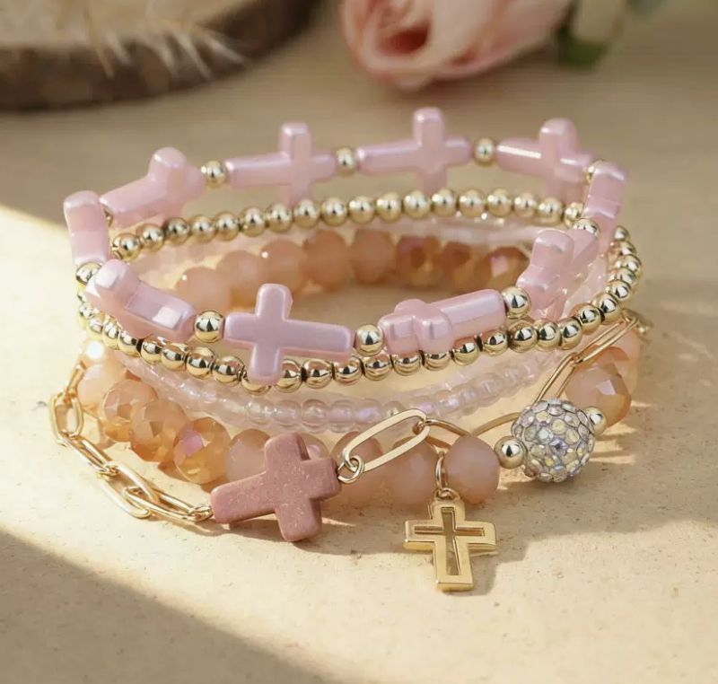 Pink Cross Christian Stackable Bracelets