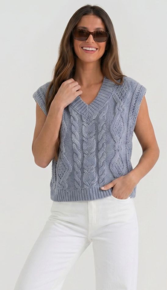 Marled Cable Knit V Neck Sweater Vest