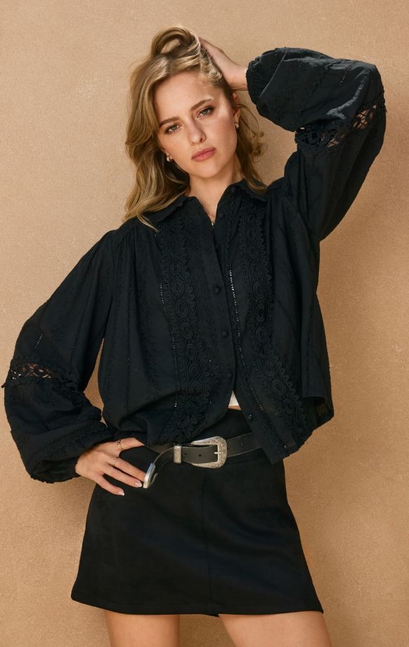 Eyelet Bubble Sleeve Blouse - Black