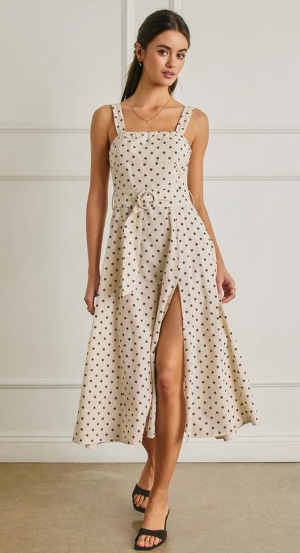 Polka Dot Linen Buckle Belt Midi Dress