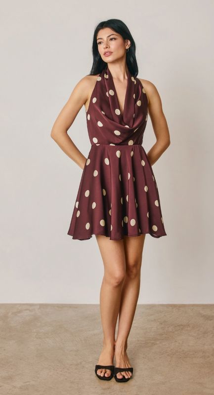 Polka Dot Satin Draped Halter Mini Dress