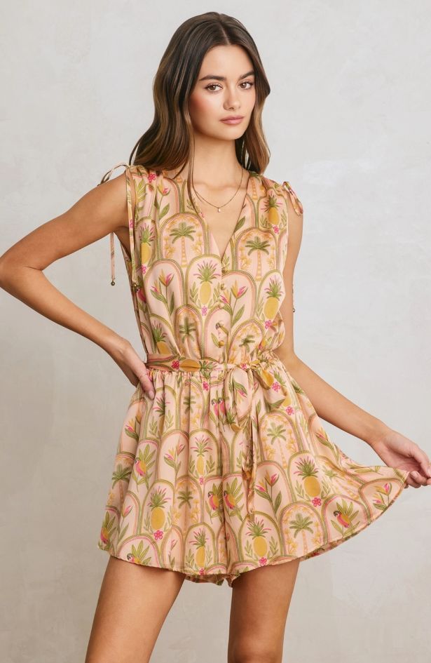 Tropical Conversational Cinched Shoulder Tie Romper