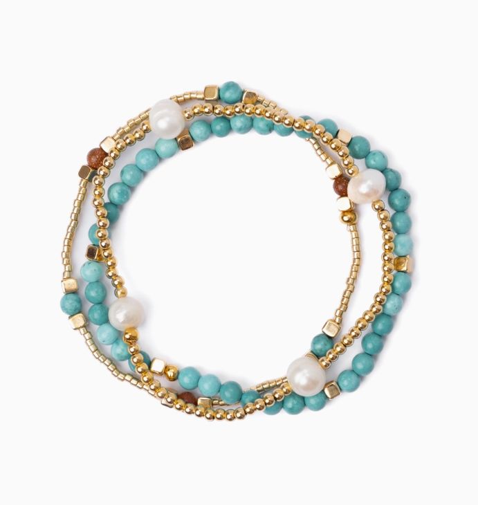 Gem and Pearl Miyuki Stretch Bracelets (Turquoise)
