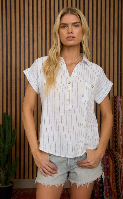Stripe Collared Short Cuff Sleeve Half Button Top