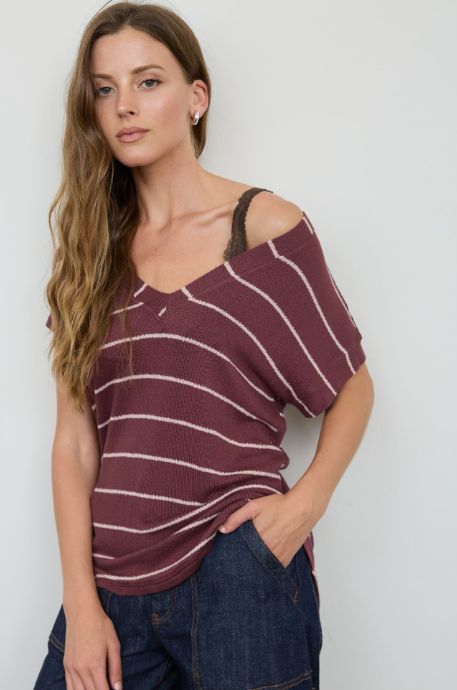 Stripe V Neck Cuffed Sleeve Knit Top