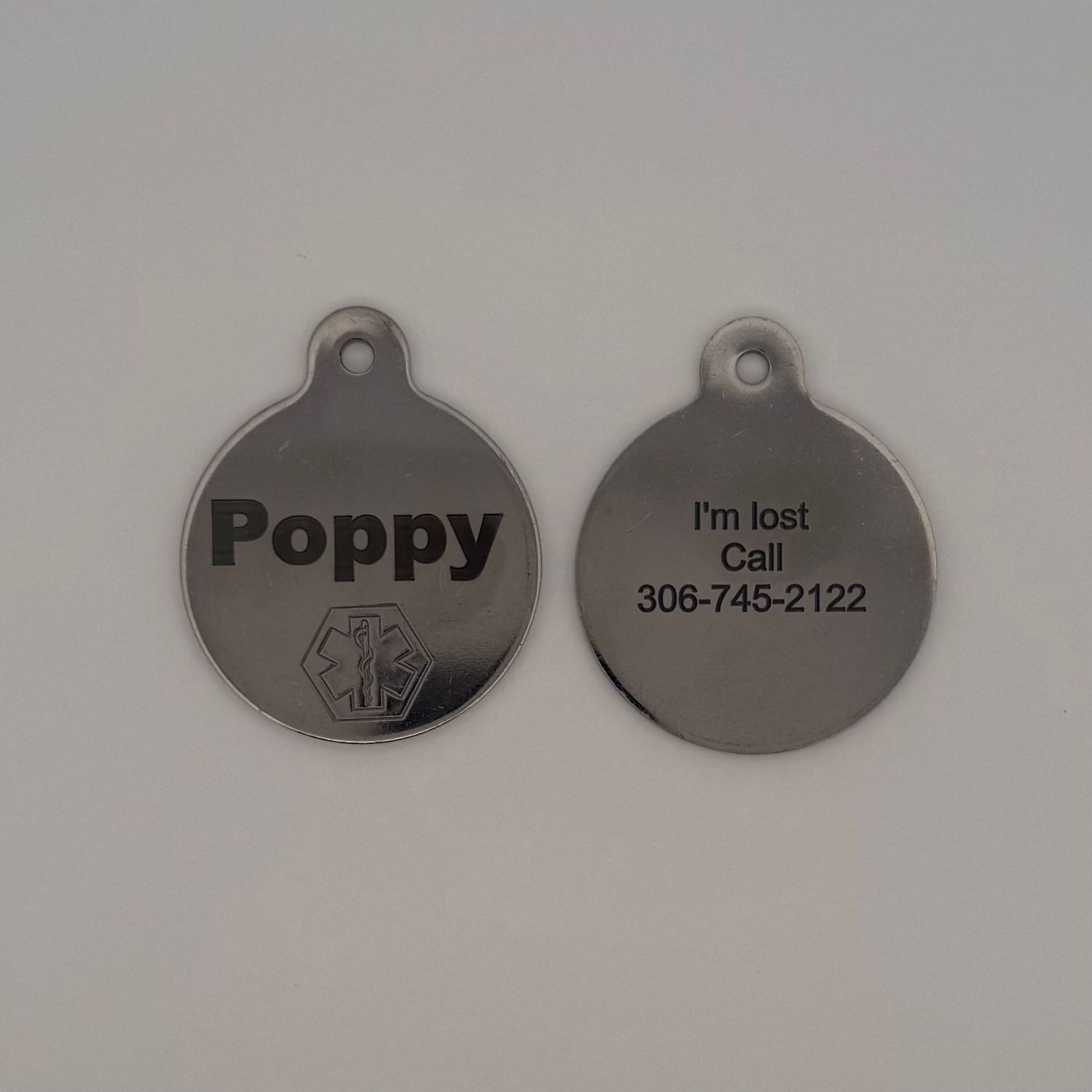 Pet Stainless Steel Round ID Tag with Star of Life Emblem (Large)