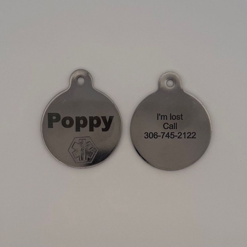 Pet Stainless Steel Round ID Tag with Star of Life Emblem (Large)
