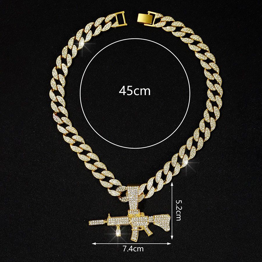 Full diamond AK47 hip-hop pendant does not fade fashionable men, Color: Golden pendant with 18inch Cuban chain