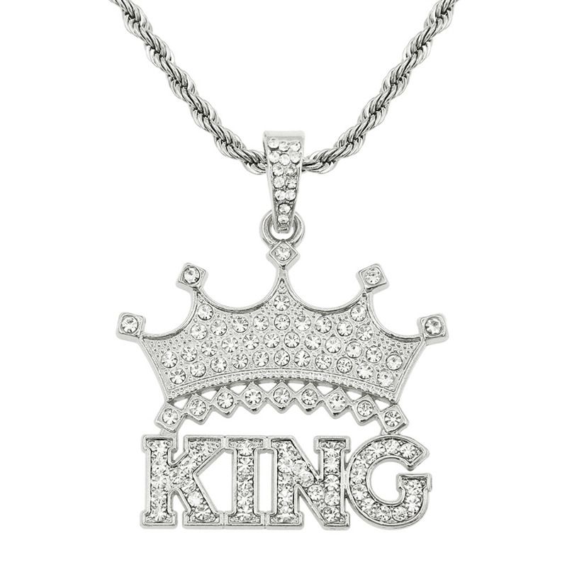 Spliced Crown Letter King Full Diamond Necklace Personality No Fading, Color: Silver + chain 60cm