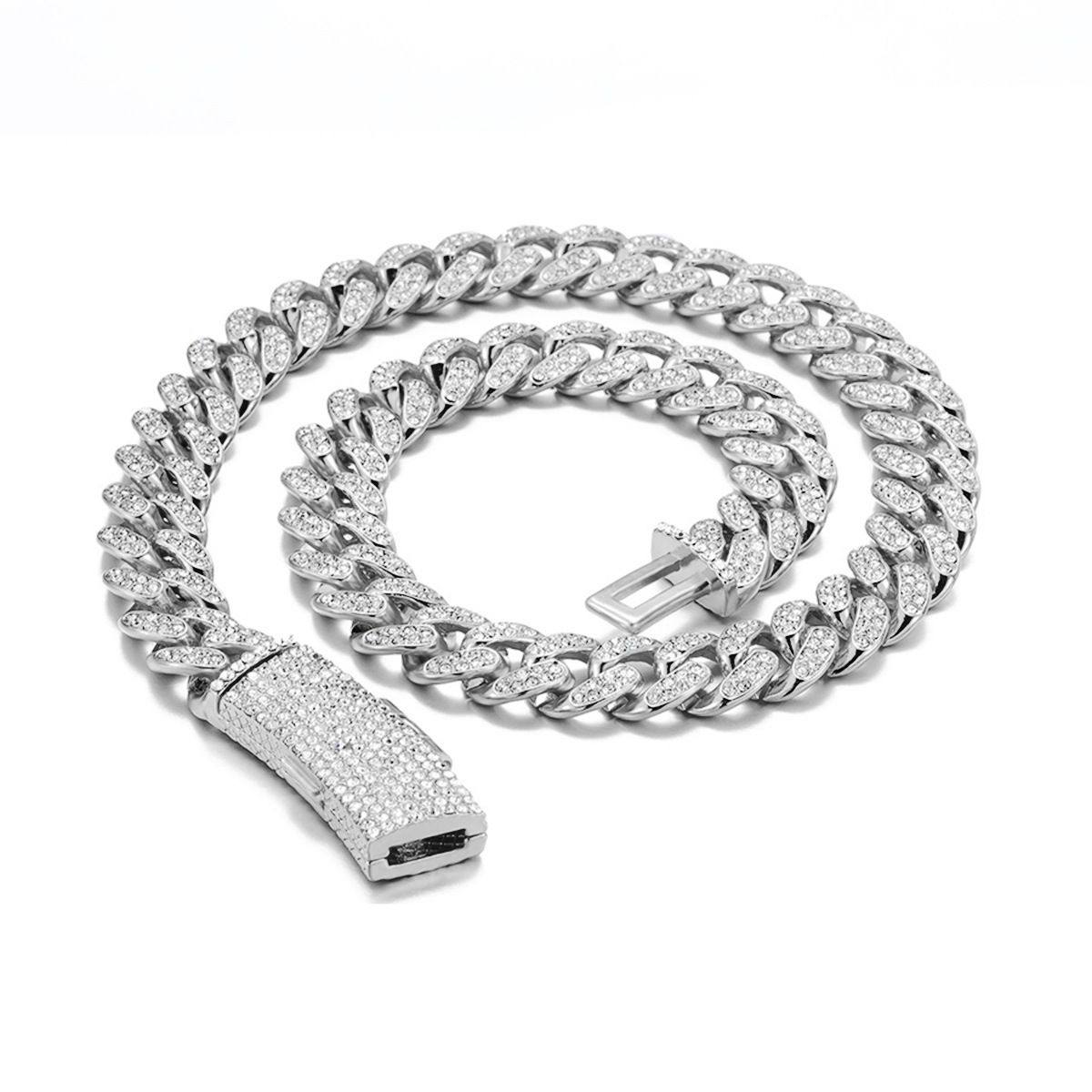 (Moissanite) Popular all-match hip-hop Cuban chain necklace, fashionable full diamond necklace that does not fade or deform, Color: Steel color N04791S