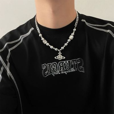 Saturn gray pearl pendant necklace for men and women niche design hip-hop cool style necklace sweater chain accessories