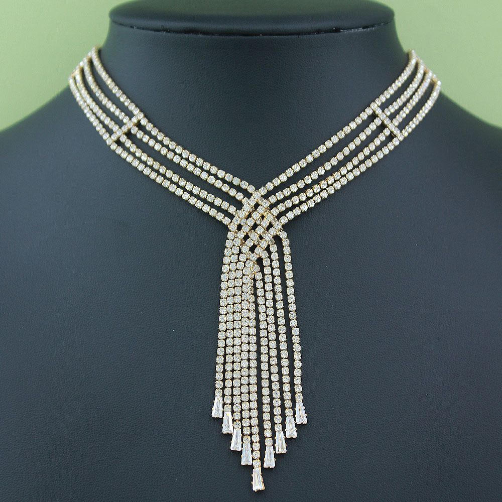 (Moissanite) New European and American fashion luxury multi-layer tassel rhinestone moissanite clavicle necklace personality trend necklace, Color: gold