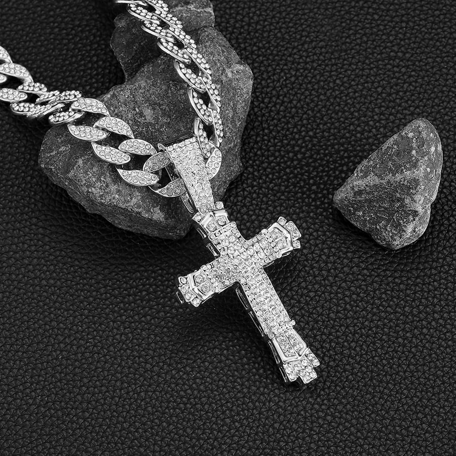 New hip-hop cross pendant personality creative all-match full diamond cross necklace for boys, Color: Silver single pendant (no chain)