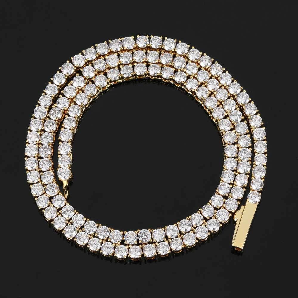 (Moissanite) necklace men&#39;s spring buckle hip-hop moissanite tennis chain single row diamond personality jewelry men&#39;s and women&#39;s necklace, Color: Golden (width 3mm), Purity: Necklace 16-inch inches (length 40.64cm)