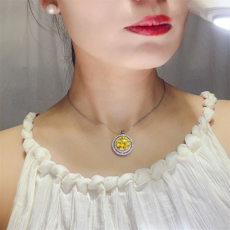 (Moissanite) Yellow 10 carat luxury double row round moissanite pendant fashion moissanite pendant with diamond pen certificate, Color: Moissanite Diamond 10 Carat Pendant