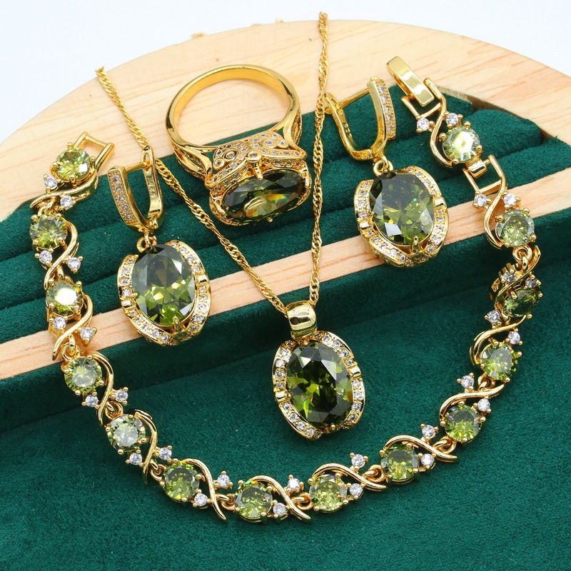 (925 silver) full diamond ladies jewelry set female romantic accessories fashion high-end luxury clothing decoration, Color: Olive Green, Purity: 6 codes