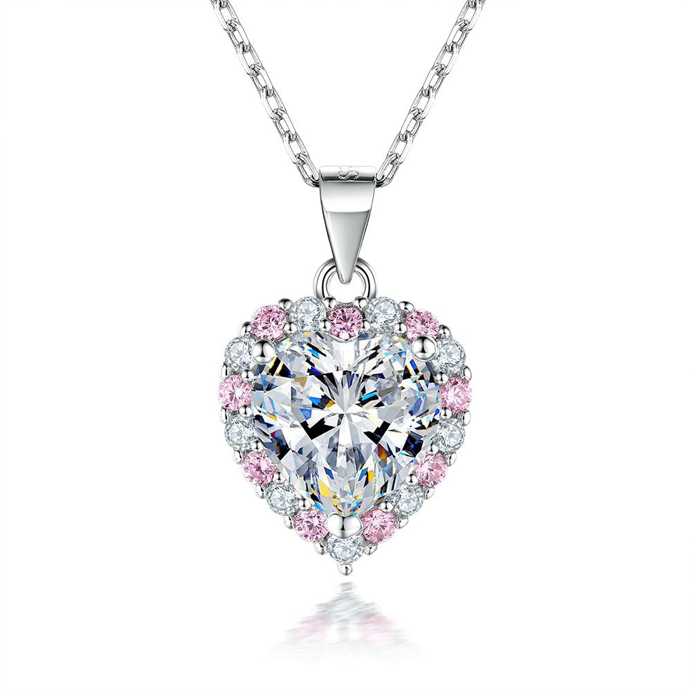 Moissanite + 925 silver girls&#39; necklace] Pink diamond niche design heart-shaped pendant, Color: Platinum, Purity: 925 silver