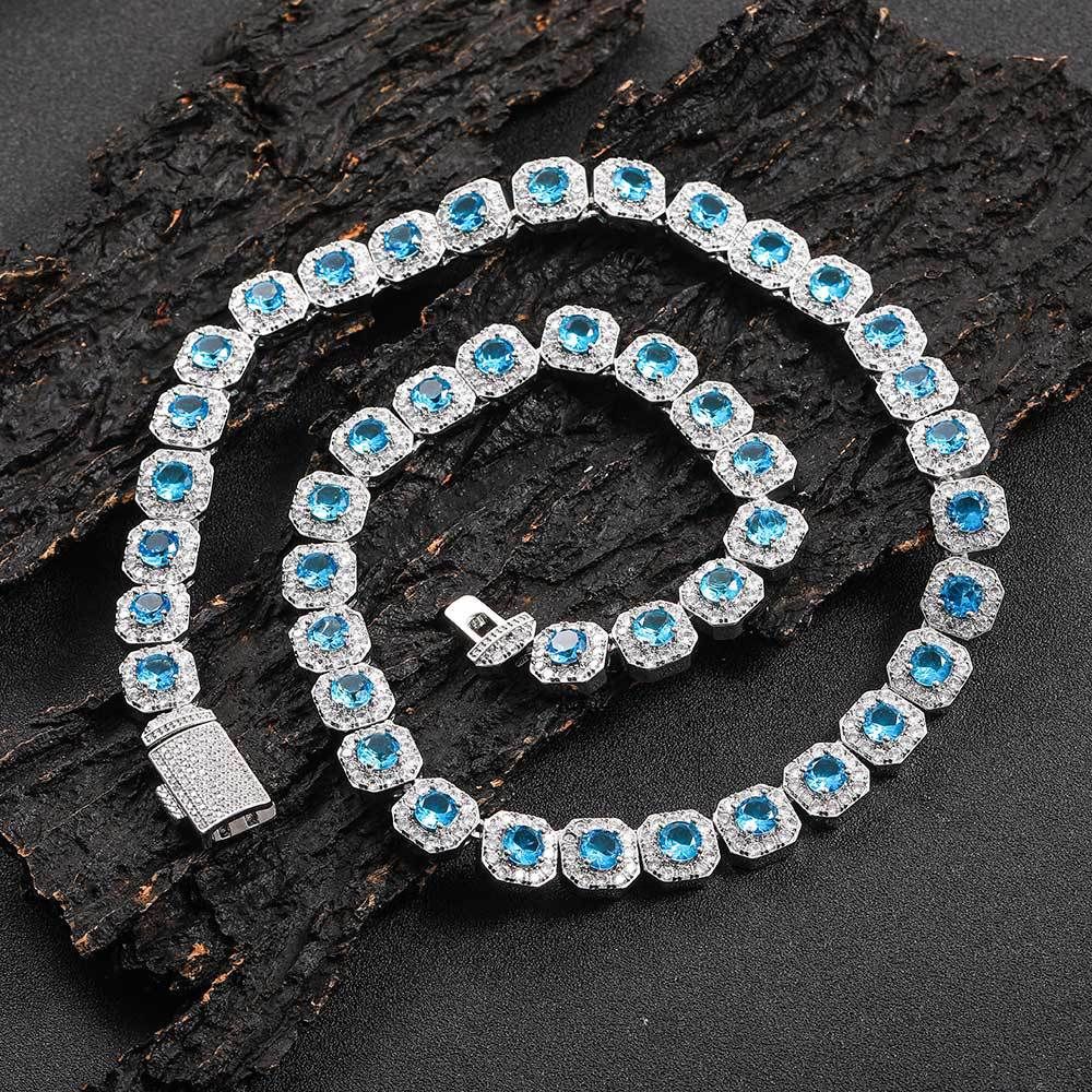 for Men and Women] 12mm Flip Clasp Colorful Moissanite Rock Sugar Trend Necklace, Color: Platinum aquamarine zircon (width 12mm), Purity: Necklace 16-inch inches (length 40.64cm)