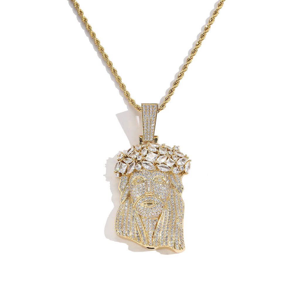 Jesus Moissanite Personalized Necklace, Color: Golden Pendant + 3mm 24inch Twist Chain