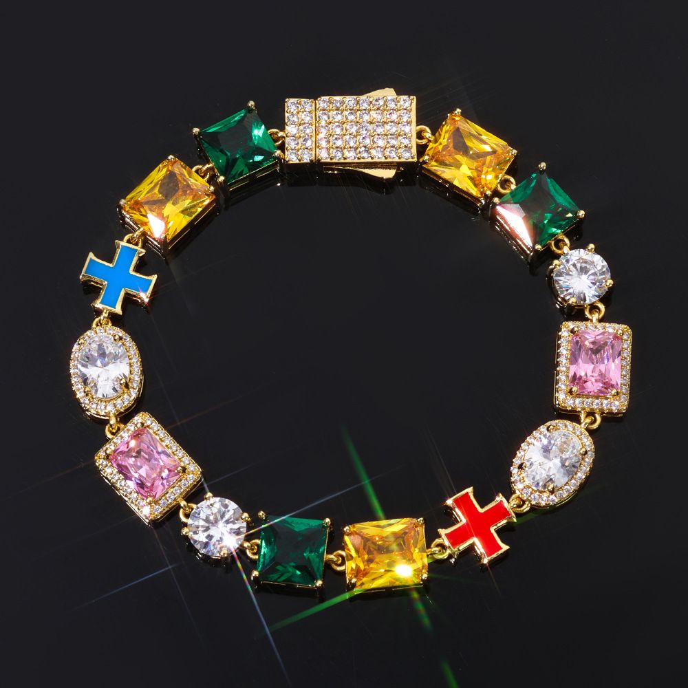 (Laboratory diamonds + Gemstone Bracelet) 10mm Colored Gemstone Chain Trendy Cross Necklace, Color: Golden (width 10mm), Purity: Bracelet 7-inch inches (length 17.78cm)
