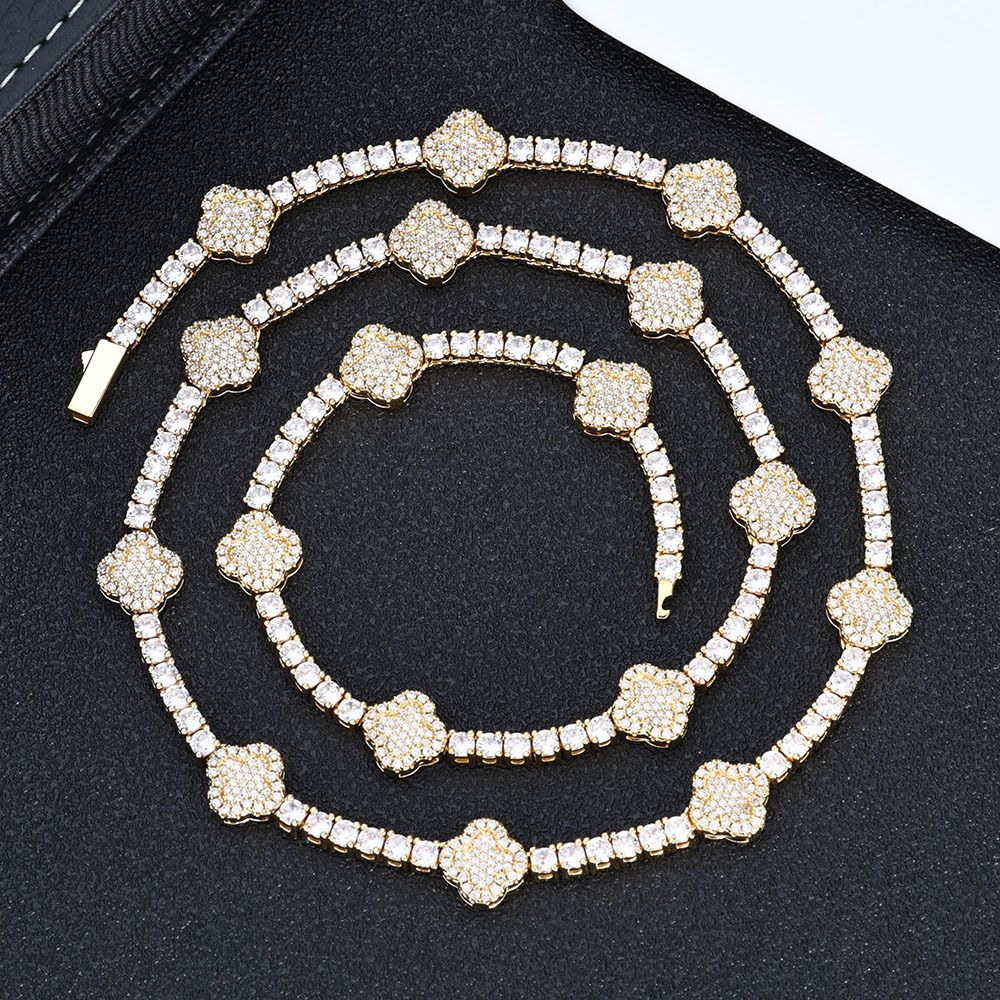 (Laboratory diamonds necklace for men and women) Classic four-leaf clover full diamond tennis chain sugar cube diamond, Color: Golden, Purity: Necklace 16-inch inches (length 40.64cm)