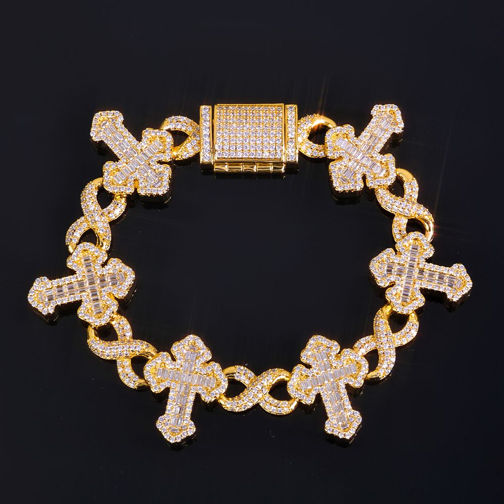 Laboratory diamonds + 925 Silver] 8-shaped chain mixed inlaid T-shaped square moissanite cross men&#39;s bracelet, Color: Golden (width 15mm), Purity: Bracelet 7-inch inches (length 17.78cm)