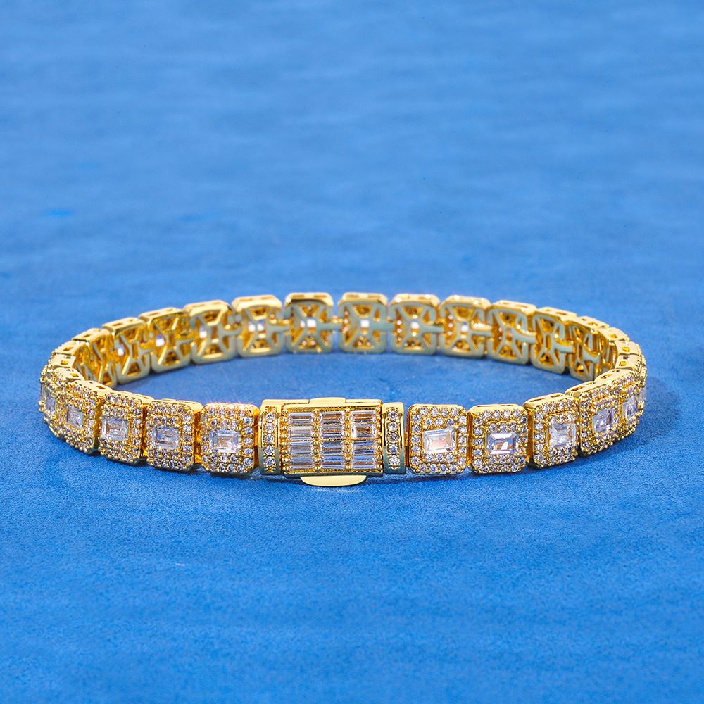 【Laboratory diamonds】S925 silver T square diamond rock sugar light luxury bracelet test pen passed, Color: Golden (width 7.5mm), Purity: Bracelet 7-inch inches (length 17.78cm)
