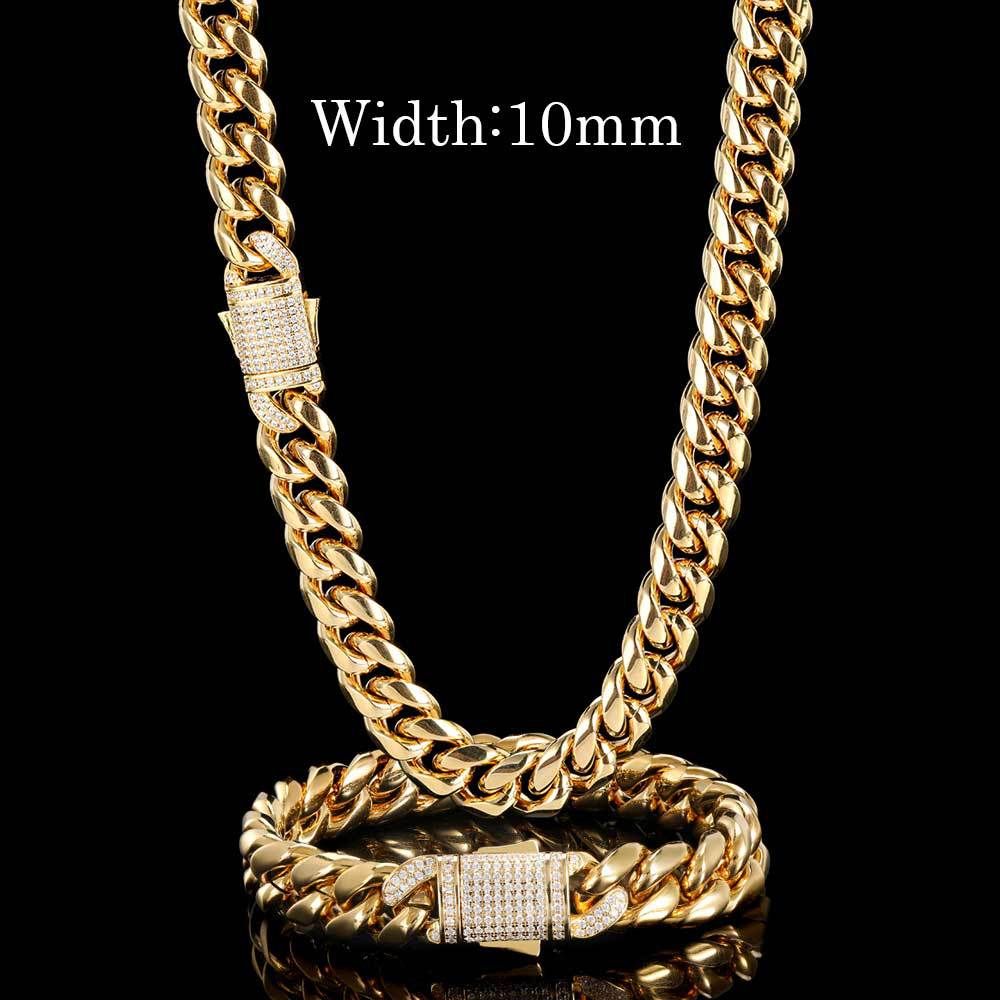 [Gold-plated necklace bracelet] Cuban Miami full diamond spring buckle men&#39;s, Color: Golden (width 10mm), Purity: Bracelet 7-inch inches (length 17.78cm)
