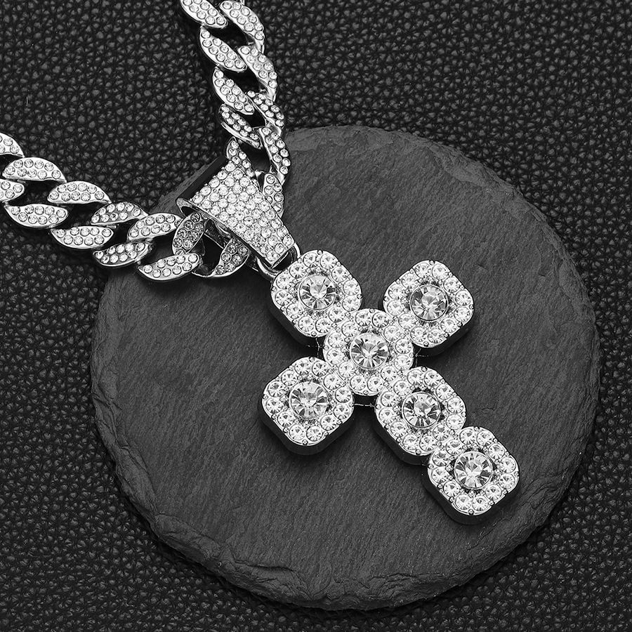 [Moissanite] New Rock Sugar Full Diamond Cross Pendant Necklace Hip Hop Cuban Chain, Color: Silver single pendant (no chain)
